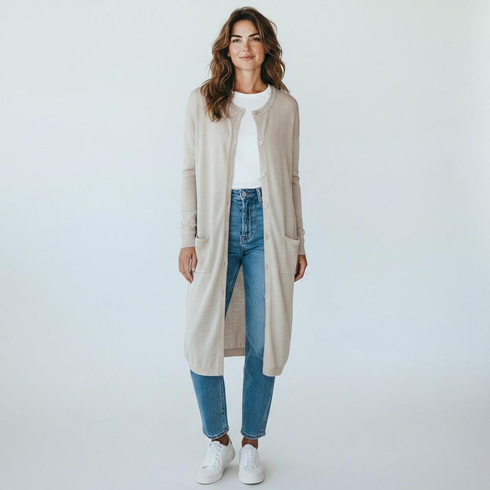 J.‎ Jill Longline Button Front Cardigan Sweater Oatmeal Beige Wool Blend Large